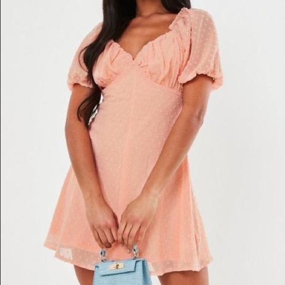 Missguided Dobby Milkmaid Skater Dress Peach Blush Pink Plus Size 14 - Picture 3 of 9